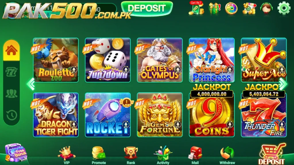 EC99App game lobby screen with casino games, slots, deposit and withdraw menu