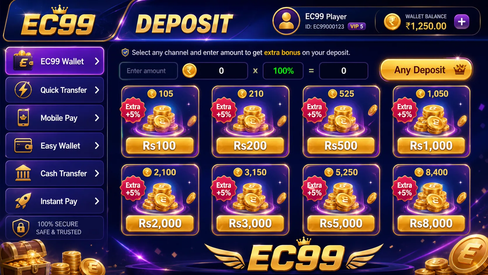 EC99App deposit wallet screen with EasyPaisa and JazzCash recharge options