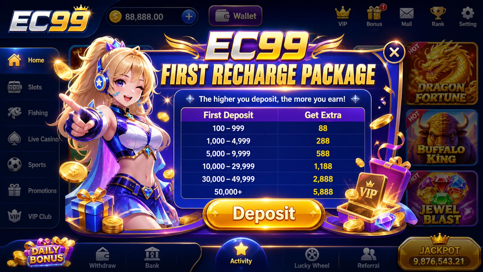 EC99App first recharge package screen with deposit bonus rewards