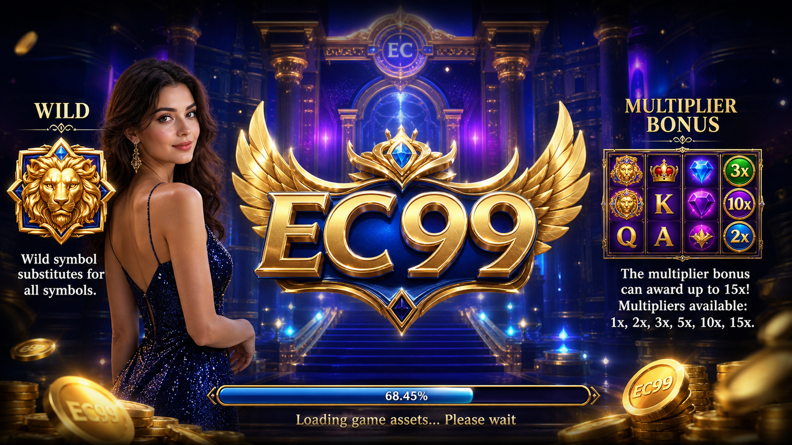 EC99App Fortune Gems game loading screen with wild and multiplier bonus