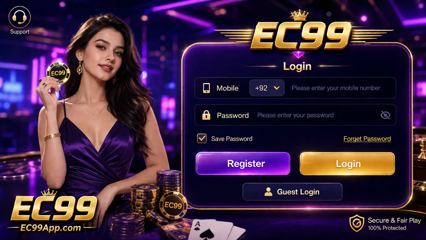 EC99App game login screen with mobile number login and register options